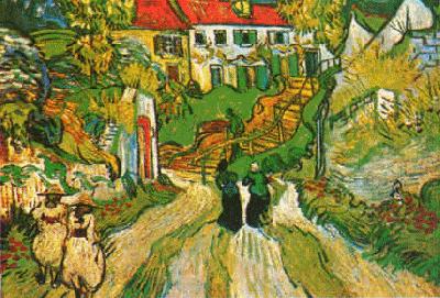 Vincent Van Gogh Village Street and Steps in Auvers with Figures oil painting picture